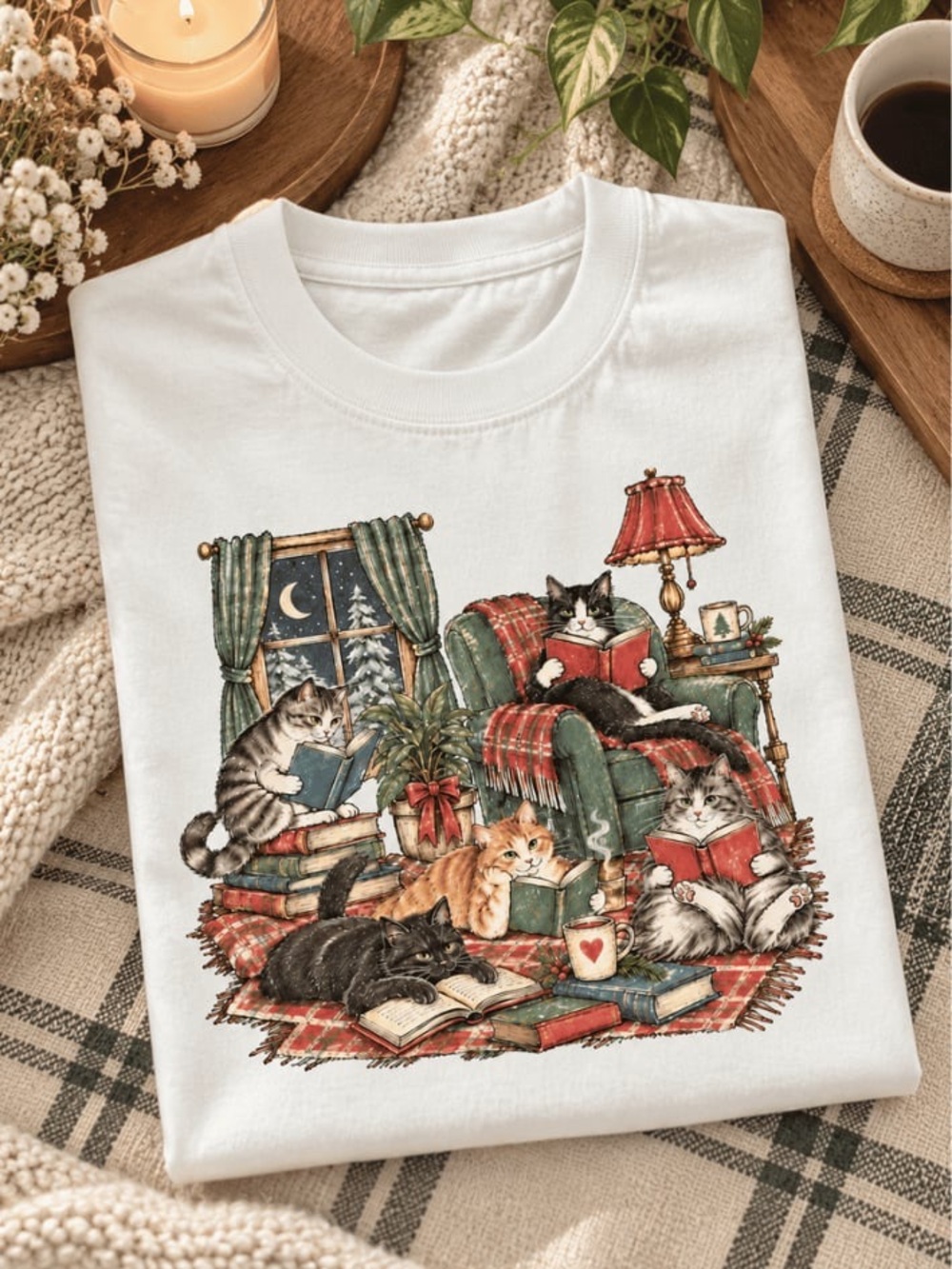 Christmas Cat Reading Books Shirt, Bookish Xmas Gift for Cat Lovers